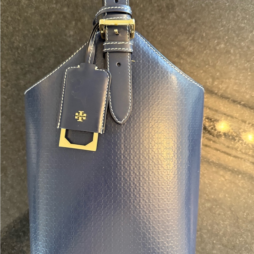 Tory Burch Navy Textured wine tote with bottle opener